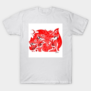 red cerberus cadejo dog ecopop beast art in blood red T-Shirt